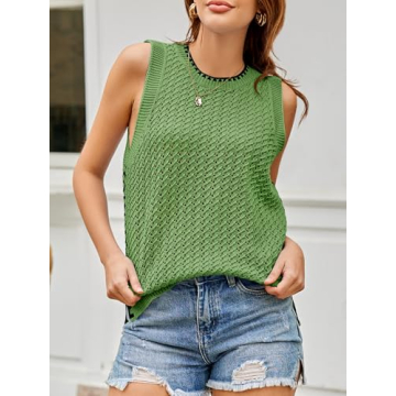 Saodimallsu Womens Summer Sleeveless Tank Tops Casual Crewneck Crochet Knit Color Block Side Split Loose Shirts Green