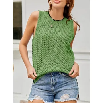 Saodimallsu Womens Summer Sleeveless Tank Tops Casual Crewneck Crochet Knit Color Block Side Split Loose Shirts Green