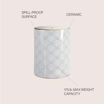 JONATHAN Y TBL1001A Fish Scale 17" Modern Ceramic Indoor/Outdoor Garden Stool, Coastal, Contemporary, Transitional, Side Table, Plant Stand, Spill-Proof, Living Room, Garden Room, Patio, White/Gold