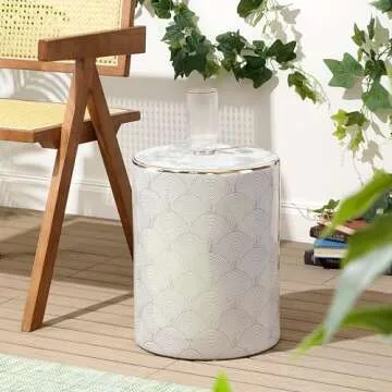 JONATHAN Y TBL1001A Fish Scale 17" Modern Ceramic Indoor/Outdoor Garden Stool, Coastal, Contemporary, Transitional, Side Table, Plant Stand, Spill-Proof, Living Room, Garden Room, Patio, White/Gold