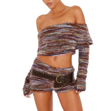 RISCUYY Women's 2 Piece Outfits Long Sleeve Off the Shoulder Short Pants Matching Sets