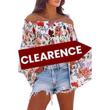 PRETTYGARDEN Women’s Fashion Floral Print Off Shoulder White Tops Flare Long Sleeve Casual Loose B...