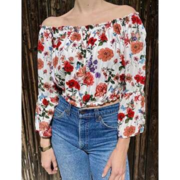 PRETTYGARDEN Women’s Fashion Floral Print Off Shoulder White Tops Flare Long Sleeve Casual Loose Blouses Shirts White X-Large