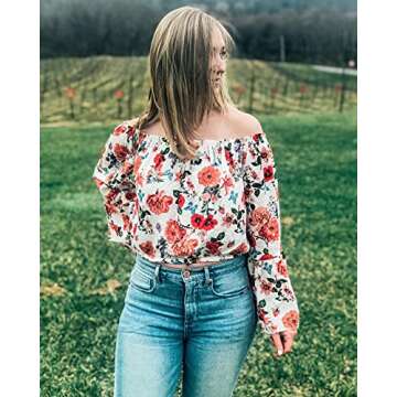 PRETTYGARDEN Women’s Fashion Floral Print Off Shoulder White Tops Flare Long Sleeve Casual Loose Blouses Shirts White X-Large