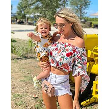 PRETTYGARDEN Women’s Fashion Floral Print Off Shoulder White Tops Flare Long Sleeve Casual Loose Blouses Shirts White X-Large