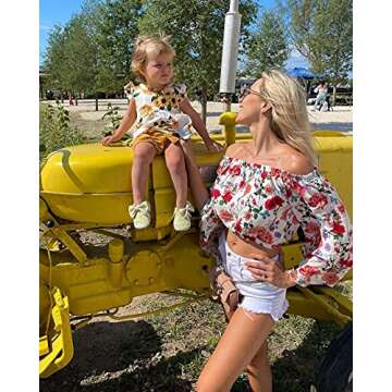 PRETTYGARDEN Women’s Fashion Floral Print Off Shoulder White Tops Flare Long Sleeve Casual Loose Blouses Shirts White X-Large