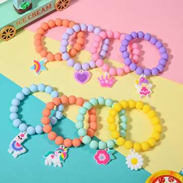 Lorfancy Beaded Bracelets for Kids Girls Unicorn Butterfly Heart Charm Bracelets Toddler Bead Jewelry Cute Elastic Friendship Bracelets Party Favors Princess Pretend Play Dress Up Gifts