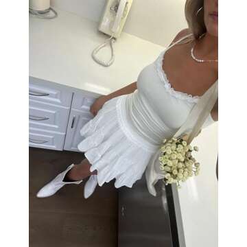 Tsher Women's High Elastic Waist Ruffle Casual Boho A-line Mini Skirts 0328 (S, White)