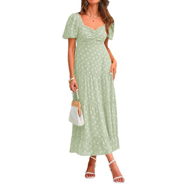 BTFBM Women's Summer Casual Midi Dress Puff Sleeve Floral Dresses Long Flowy A Line Dresses(Green,X-...