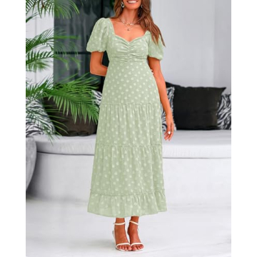 BTFBM Women's Summer Casual Midi Dress Puff Sleeve Floral Dresses Long Flowy A Line Dresses(Green,X-Large)