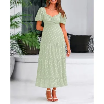 BTFBM Women's Summer Casual Midi Dress Puff Sleeve Floral Dresses Long Flowy A Line Dresses(Green,X-Large)