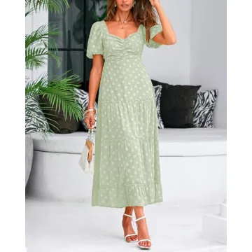 BTFBM Women's Summer Casual Midi Dress Puff Sleeve Floral Dresses Long Flowy A Line Dresses(Green,X-Large)
