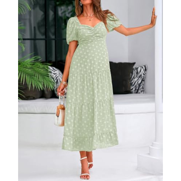 BTFBM Women's Summer Casual Midi Dress Puff Sleeve Floral Dresses Long Flowy A Line Dresses(Green,X-Large)