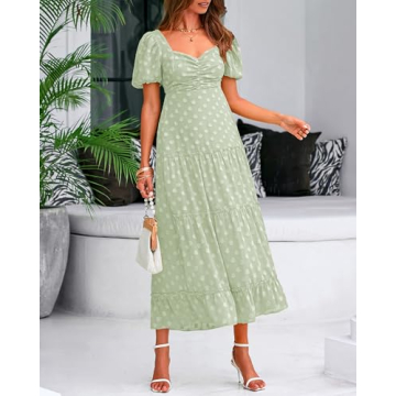 BTFBM Women's Summer Casual Midi Dress Puff Sleeve Floral Dresses Long Flowy A Line Dresses(Green,X-Large)