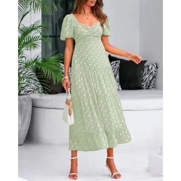 BTFBM Women's Summer Casual Midi Dress Puff Sleeve Floral Dresses Long Flowy A Line Dresses(Green,X-Large)