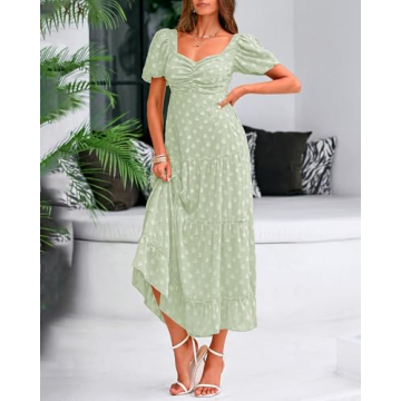 BTFBM Women's Summer Casual Midi Dress Puff Sleeve Floral Dresses Long Flowy A Line Dresses(Green,X-Large)