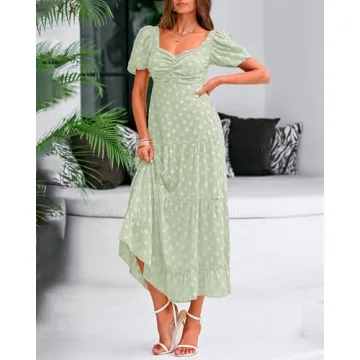 BTFBM Women's Summer Casual Midi Dress Puff Sleeve Floral Dresses Long Flowy A Line Dresses(Green,X-Large)