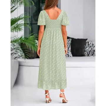 BTFBM Women's Summer Casual Midi Dress Puff Sleeve Floral Dresses Long Flowy A Line Dresses(Green,X-Large)