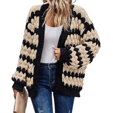 KIRUNDO Women's Open Front Color Block Chunky Knit Cardigan Fall Long Sleeve Striped Casual Loose So...
