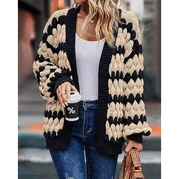 KIRUNDO Women's Open Front Color Block Chunky Knit Cardigan Fall Long Sleeve Striped Casual Loose Soft Warm Winter Outerwear Coatigan(Beige, Small)