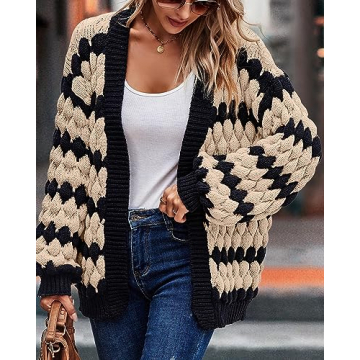 KIRUNDO Women's Open Front Color Block Chunky Knit Cardigan Fall Long Sleeve Striped Casual Loose Soft Warm Winter Outerwear Coatigan(Beige, Small)