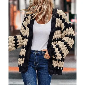 KIRUNDO Women's Open Front Color Block Chunky Knit Cardigan Fall Long Sleeve Striped Casual Loose Soft Warm Winter Outerwear Coatigan(Beige, Small)