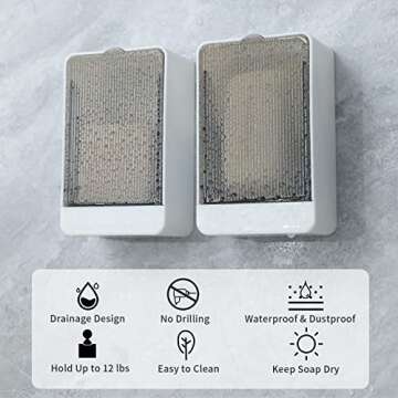 Bar Soap Holder Dish Shower 2 PCS Self Draining Soap Container with Lid, Wall Mounted Soap Box Tray for Bathroom Bathtub Sink, Waterproof White, Adhesive Include (White)