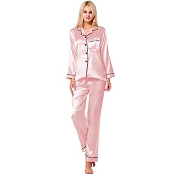 SWOMOG Womens Silk Satin Pajamas Long Sleeve Loungewear Two-Piece Sleepwear Button-Down Pj Set Sakura Pink