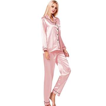 SWOMOG Womens Silk Satin Pajamas Long Sleeve Loungewear Two-Piece Sleepwear Button-Down Pj Set Sakura Pink