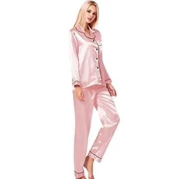 SWOMOG Womens Silk Satin Pajamas Long Sleeve Loungewear Two-Piece Sleepwear Button-Down Pj Set Sakura Pink