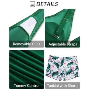 Yonique Womens Plus Size Swimsuits with Shorts Tummy Control Tankini Two Piece Bathing Suits Athletic Swimwear Green&Leaf 22Plus