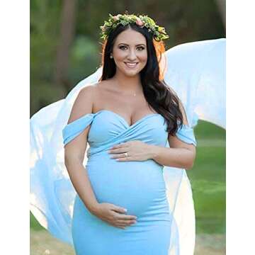 JustVH Maternity Off Shoulder Chiffon Gown Maxi Photography Dress for Photo Shoot Baby Shower Dress Blue Skies