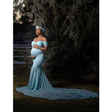 JustVH Maternity Off Shoulder Chiffon Gown Maxi Photography Dress for Photo Shoot Baby Shower Dress Blue Skies