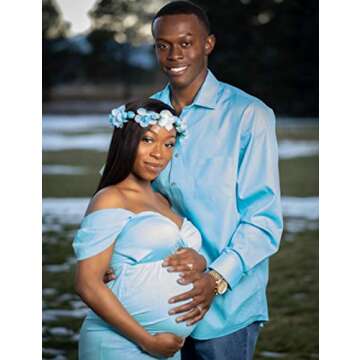 JustVH Maternity Off Shoulder Chiffon Gown Maxi Photography Dress for Photo Shoot Baby Shower Dress Blue Skies