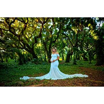 JustVH Maternity Off Shoulder Chiffon Gown Maxi Photography Dress for Photo Shoot Baby Shower Dress Blue Skies