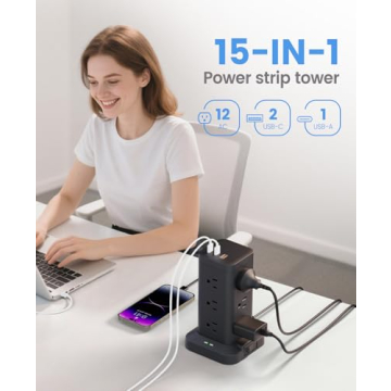 Tagzilo 15-in-1 Power Strip Tower with Surge Protector 1800J, Fast Charging Tower PD20W USB-C Ports ...