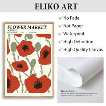 Flower Market Madrid Canvas Wall Art Prints Print Wall Art, Minimalist Flower Market Wall Art, Flower Pictures Wall Decor for Bedroom, Living Room, Dorm, Bathroom - 12X16 in Natural Framed