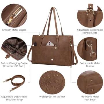 LOVEVOOK Laptop Bag for Women, Vintage Leather Works Computer Tote Bag, 15.6-Inch Large Capacity Shoulder Bag Set with Clutch Purse, Professional Business Briefcase for Office Lady, 2Pcs, Brown