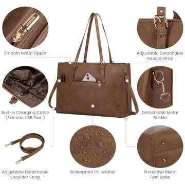 LOVEVOOK Laptop Bag for Women, Vintage Leather Works Computer Tote Bag, 15.6-Inch Large Capacity Shoulder Bag Set with Clutch Purse, Professional Business Briefcase for Office Lady, 2Pcs, Brown