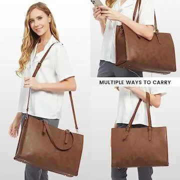 LOVEVOOK Laptop Bag for Women, Vintage Leather Works Computer Tote Bag, 15.6-Inch Large Capacity Shoulder Bag Set with Clutch Purse, Professional Business Briefcase for Office Lady, 2Pcs, Brown