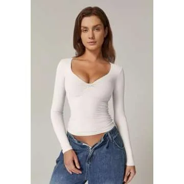 QINSEN Womens Long Sleeve Twist Front V Neck T Shirts Double Lined Slim Fit Trendy Top Tee Beige XS