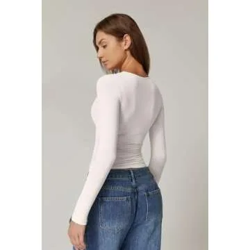 QINSEN Womens Long Sleeve Twist Front V Neck T Shirts Double Lined Slim Fit Trendy Top Tee Beige XS