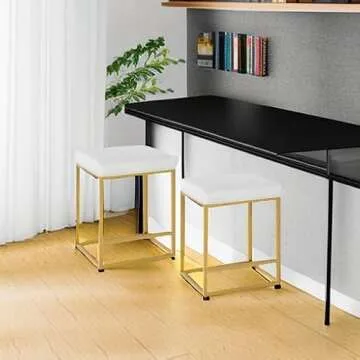 MAISON ARTS White & Gold Counter Height 24" Bar Stools Set of 2 for Kitchen Counter Modern Barstools Upholstered Faux Leather Square Stools Backless Farmhouse Island Chairs, 24 Inch Height