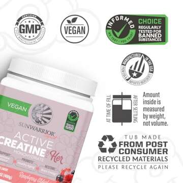 Sunwarrior Creatine for Women Monohydrate Powder Micronized Pre Workout Recovery Supplement Support Muscle Building Strength Training Cognition | Vegan and Easily Mixes 50 Servings, Raspberry Lemonade