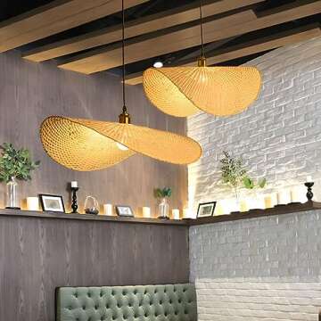 RUNNUP Bamboo Shade Pendant Light Antique Style Suspended Lighting Creative Pendant Lamp 1-Light Met...
