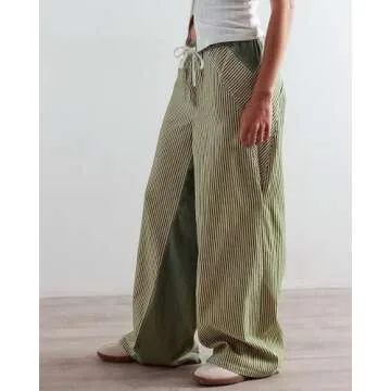 PEIHOT Low Rise Striped Pajama Pants for Women Pull On Draw String Boho Wideleg Jeans Trendy 2025 Green