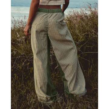 PEIHOT Low Rise Striped Pajama Pants for Women Pull On Draw String Boho Wideleg Jeans Trendy 2025 Green