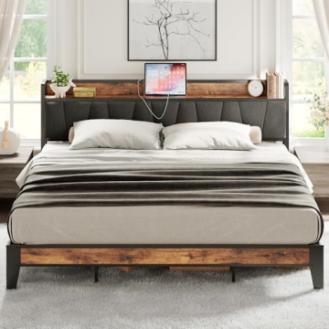 LIKIMIO King Size Bed Frame with Storage Headboard and Charging Station, Sturdy and Easy Assembly