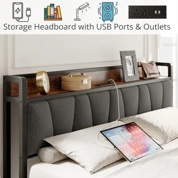 LIKIMIO King Size Bed Frame with Storage and Charging Station