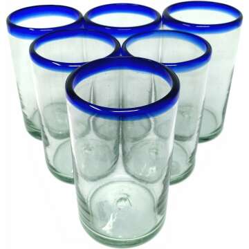 Artisan Hand Blown Mexican Drinking Glasses Set of 6 - Cobalt Blue Rims